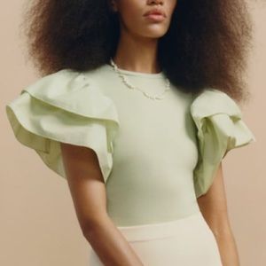ZARA- Ruffled Bodysuit, Green, Size M
